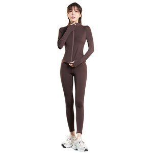 Veste athlétique confortable pour <span class=keywords><strong>femme</strong></span>, couleur unie, col montant, manches longues, vêtement <span class=keywords><strong>de</strong></span> yoga amincissant - Product Image 1