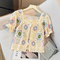 Haut court en tricot ajouré coloré en viscose-polyester, tissé à la main, couleur dopamine, pour femme, été, style doux, à simple boutonnage et manches bouffantes