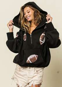 Fútbol negro media cremallera lentejuelas bordado Sudadera con capucha mujer ropa peso pesado bolsillo algodón de manga larga talla grande juego sudaderas con capucha - Product Image 4