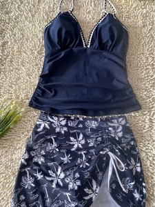 Women's Halter Neck Skirted Tankini Set with Scalloped Trim Side Tie Palm Print Bottom, Modest Tummy Control Swimwear - Product Image 6