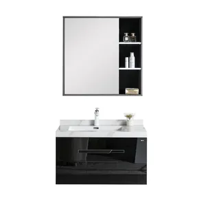Neues Design schwarze Badezimmer eitelkeiten mit Glastür spiegels chrank Sperrholz-Badezimmers chränke mit Fels schiefer waschbecken