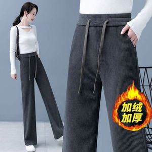 Pantalones casuales de mujer de invierno, transpirables, de pana tejida con estampado por descarga, forro polar grueso de 400g, cintura alta con cordón, pierna ancha larga - Product Image 4