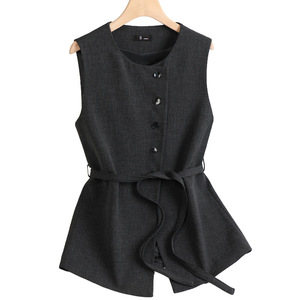 Women's Waist Cinching Vest Wide Leg Pants Set Solid Color Korean Style Spring Autumn Casual Suit Three Piece Outfit - Product Image 5