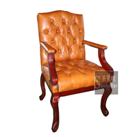 Chaise de salle à manger/salon intérieure en cuir véritable brun vintage du milieu du siècle, en bois massif, capitonnée, sur mesure