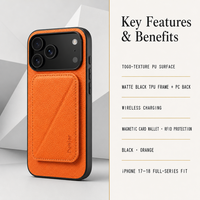 Dompet Kartu Magnetik PU Tekstur Togo Oranye, Casing Ponsel Anti RFID, Kompatibel Pengisian Daya Nirkabel untuk iPhone 17 18