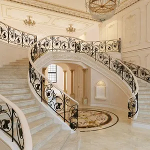 Australian Style Luxury Interior Marble Step Steel Beam Curved Stairs With Wrought Iron Railing From Foshan Factory