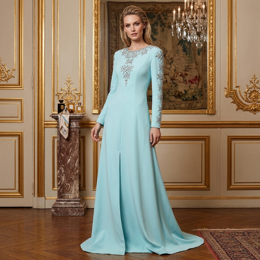 light blue long sleeve dress formal Light Blue Ball Gown Modest Long Sleeve Wedding Dress 66601 High Neck –  Viniodress main image 0