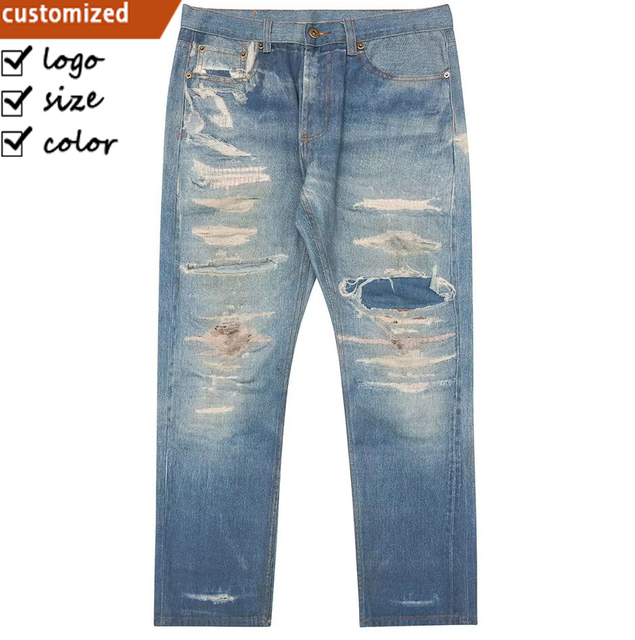 Wholesale High Quality Vintage Wash Cotton Distressed Men's Jeans Custom Embroidered logo Denim Fabric Selvedge Jeans for Men