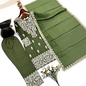 Ensemble pantalon et dupatta pour femme ROMAN avec haut à col fantaisie et broderies, sans plis, toutes saisons - Product Image 1
