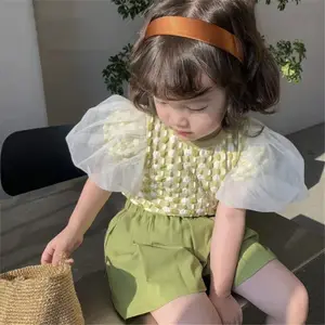 2022 Summer Hot Sale Children Clothing Sets Puff Sleeve Top Solid Color Shorts Lovely Girls Outfits