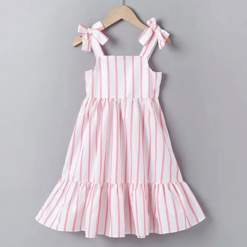 Hot Sale Casual Gestreepte Katoenen Jurk Voor Baby Meisjes Knielengte Twirl Boutique Design O-nek Lente Stijl