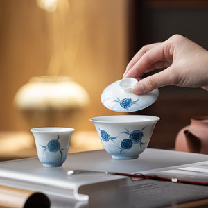 Guanlan Hand Painted Gaiwan Ceramic <b>Tea</b> Bowl Blue Floral Pattern White Porcelain Heat Resisting <b>Tea</b> <b>Set</b> For Women - Product Image 1