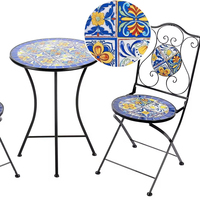 Ensemble de table et de chaises de restaurant de petite taille pour l'extérieur, ensemble de trois tables avec plateau en mosaïque bleue pour café, cour, balcon