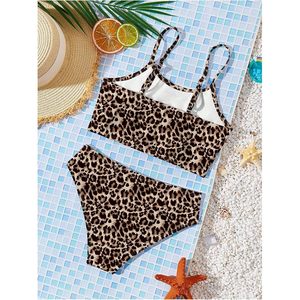 FOXA Ensemble de maillot de bain 2 pièces imprimé guépard pour fille, haut à bretelles spaghetti, bas à coupe haute, tissu extensible - Product Image 3