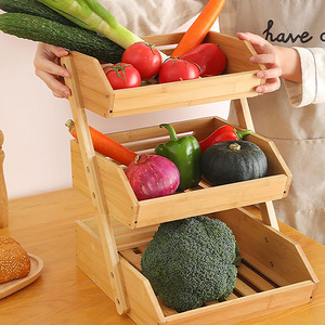 Bamboo Wood Three Layer Storage Rack Stackable <b>Kitchen</b> Countertop Vegetable Drainer Fruit Bread Organizer Rectangle Shape - Product Image 1