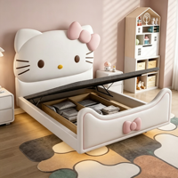 Lit enfant rembourré en cuir avec rangement, en bois massif, pour chambre de fille, motif chat mignon