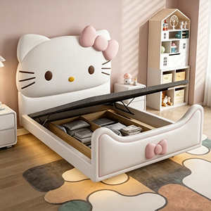 Tempat Tidur Anak Berlapis Kain Motif Kucing Lucu, Tempat Tidur Anak Perempuan dari Kayu Solid dan Kulit untuk Kamar Tidur - Product Image 5