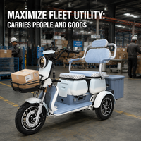 Tricycle électrique motorisé rétro-moderne à 2 places pour la mobilité urbaine, avec éclairage LED, panier avant et roues en alliage