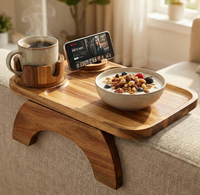 Plateau pliable en bois d'acacia et bambou pour accoudoir de canapé avec support de téléphone rotatif, portable, à un seul niveau, pour la maison et la cuisine