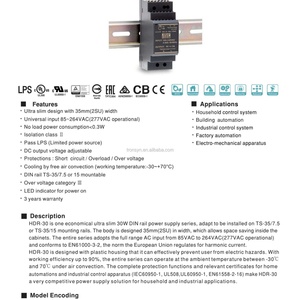 Alimentations AC-DC Meanwell HDR-30-15 30W 15V ultra-minces à profil bas, réglables, pour ordinateur (Foshan SMPS) - Product Image 3