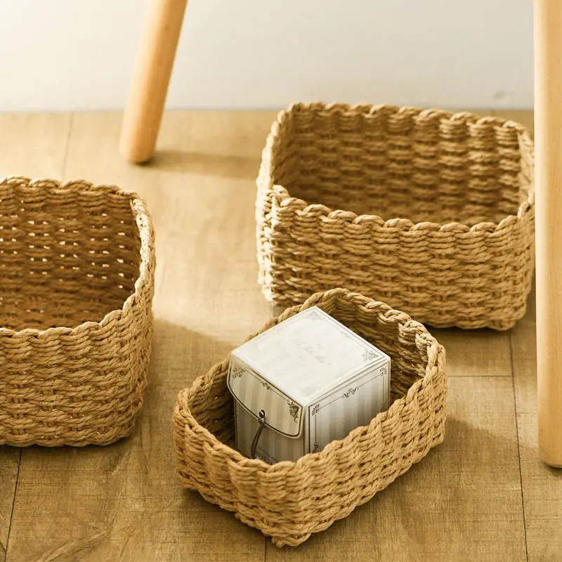 Cesta tejida pequeña de papel de cuerda personalizada portátil, caja de papel de cuerda, cestas para almacenamiento