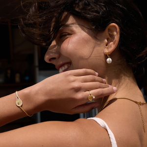 Pearl Drop Earrings Gold Hoop With Green Gemstone Inlay Everyday Wear - Product Image 3