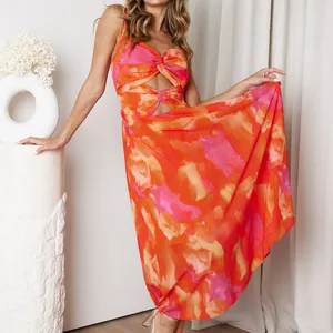 Robe longue en mousseline de soie pour femmes, imprimé floral personnalisé, robe de soirée à bretelles spaghetti à épaules nouées