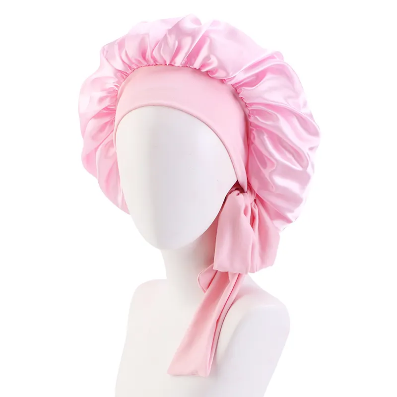 Vendita calda Custom Large Tie Edge Band regolabile Satin Silk Hair Bonnet Sleep cuffie per capelli cuffie in raso con Logo personalizzato