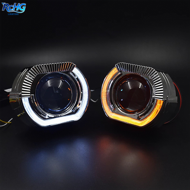 RCHG Universal HID Bi-Xenon Projector Lens Kit for Headlight Square LED Crystal Angle Eyes 4100K Neutral White 1-Year Warranty