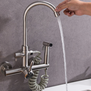 Kitchen Faucet 304 Stainless Steel Wall <b>Mounted</b> 2 Handle Pull Out <b>Spray</b> Modern Design With Ceramic Valve Core - Product Image 1