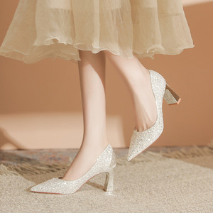 7777F Women's <b>Glitter</b> Pumps Pointed Toe <b>Block</b> <b>Heel</b> High <b>Heel</b> Silver Formal Shoes Size 35 36 37 38 39 40 - Product Image 2