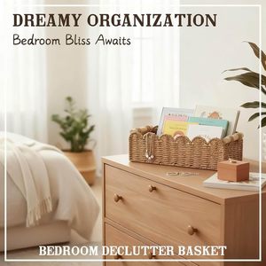 Handmade Scalloped Edge Paper <strong>Rope</strong> Storage <strong>Basket</strong> with Wooden Handles Boho Rectangular Bathroom Toilet Paper Organizer Bin - Product Image 3