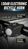 Klaxon électronique pour vélo alimenté par batterie 130 dB, 6 modes, extra fort, étanche IPX4, sirène en silicone, autonomie de la batterie de 8 à 12 mois