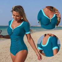 Nouvelle Arrivée 2026 – Maillot de Bain Une Pièce Femme Taille Haute Halter Manches Courtes avec Bordure Contrastante et Décolleté Plongeant Froncé – Idéal Plage