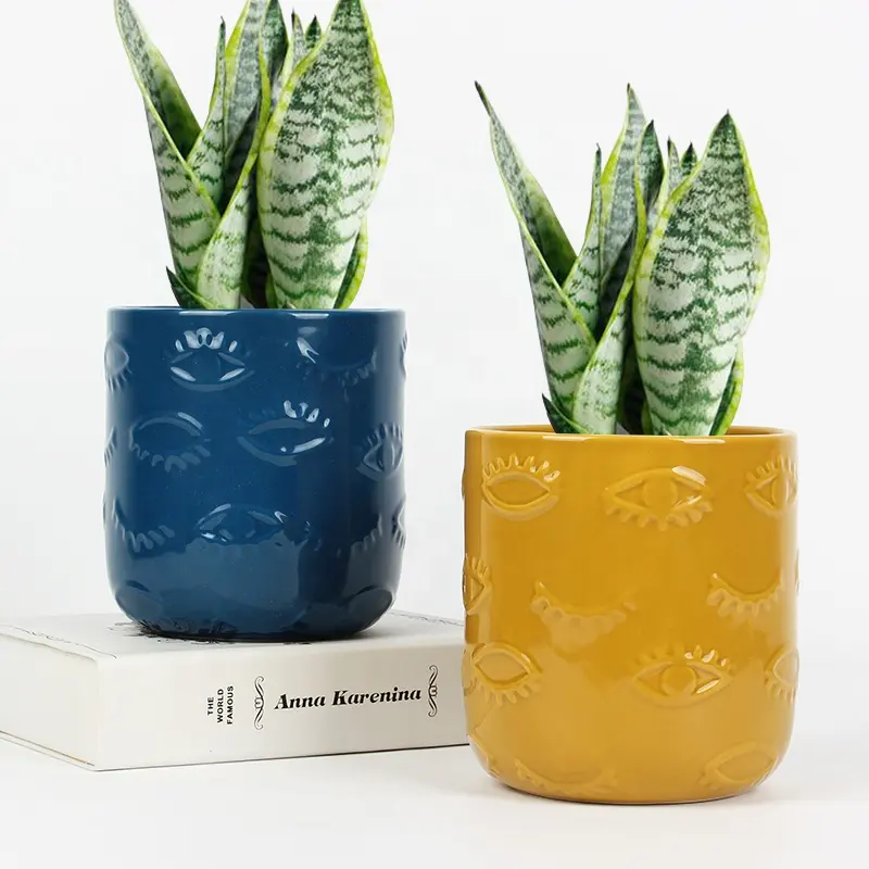 Pot Bunga Silinder Dekorasi Rumah, Pot Bunga Keramik Desain Mata Timbul Modern
