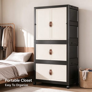 Armário de Plástico Preto Dobrável de 3 Camadas de 77CM, Guarda-Roupa Moderno para Quarto com Rodas para Roupas e Brinquedos de Bebê - Product Image 2