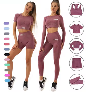 Vente flash : Ensemble de sport pour femme, vêtements de sport sans couture, gingham respirant, 5 pièces, haut court, leggings, short de cycliste, soutien-gorge de sport, long - Product Image 1