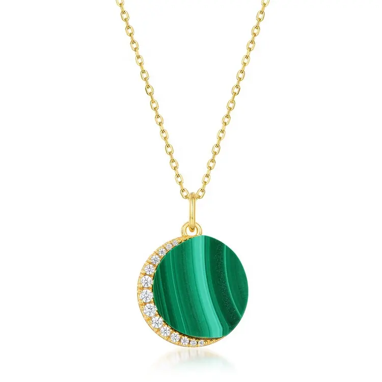 Trendy Wholesale 925 Sterling Silver Women Disc Pendant 14k Real Gold Plated Moon Stars Round Coin Pendant With Malachite