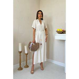 Vestido Sencillo de Lino Beige con Cuello Redondo, Corte Holgado, Cintura Natural, Tejido Transpirable, para Uso Diario Informal - Product Image 4