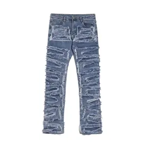 Cao đường phố baggy đau khổ vá Mèo Râu Xanh jeans thời trang Mens dao cắt quần denim