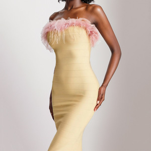Robes de Demoiselle d'Honneur Élégantes sans Bretelles, Robes de Soirée de Mariage Bandage, Robes de Cérémonie Quinceañera avec Col en Plumes Élégant Jaune pour Invitées - Product Image 3