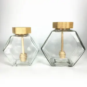 220ml 380ml Clear unique hexagon glass honey jar with wooden lids and dipper
