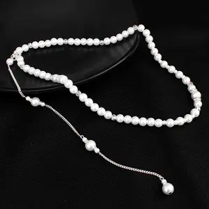 NUORO Minimalist Diamond Studded Pearls Pendant Tassel Long Necklace Bride Wedding Back Body Chain Y Necklace