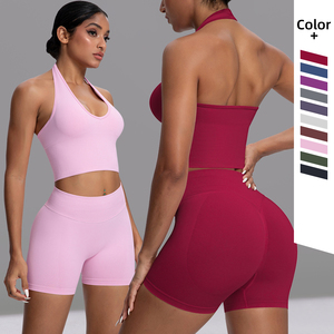 Completo Yoga Traspirante Elasticizzato in Quattro Direzioni - Top Sportivo e Pantaloncini a Vita Alta Senza Cuciture Taglie Forti - Product Image 1