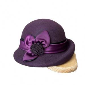 CL8219 Vente en gros Nouveauté Hiver Chapeau Cloche Élégant 100% Laine Unisexe avec Fleur - Product Image 1