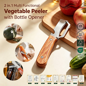 Éplucheur <span class=keywords><strong>de</strong></span> légumes multifonctionnel 2 en 1 pour la cuisine, lame en acier inoxydable, manche en bois, éplucheur <span class=keywords><strong>de</strong></span> pommes <span class=keywords><strong>de</strong></span> terre, fruits, asperges, ouvre-bouteille - Product Image 1