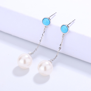 S925 <b>Silver</b> Turquoise Pearl Drop Earrings Long Chain Dangle Jewelry for Women Wedding Party Gift - Product Image 4