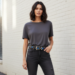 Cinturón de Cuero con Remaches Decorativos y Incrustaciones de Imitación de Zafiro, Estilo Étnico Único para Hombre y Mujer, Personalizado de Fábrica - Product Image 2