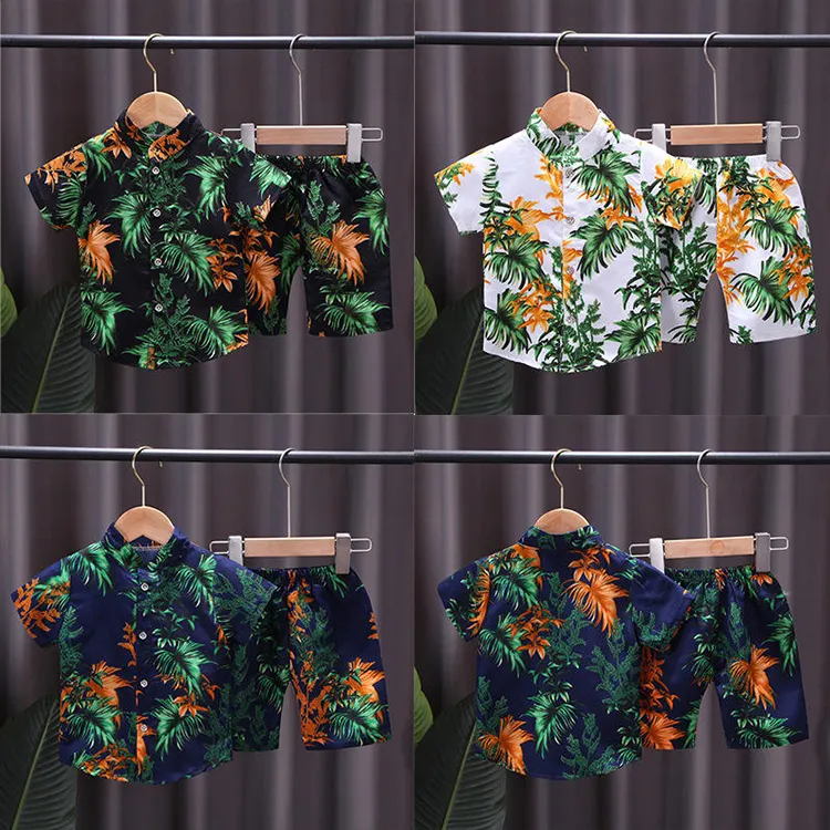 2023 verano 100% algodón niños usan estampado Floral camisa de manga corta cuello Tops pantalones cortos 2 uds traje niños conjuntos de ropa