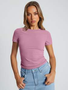 Camisetas de talla grande informales para mujer, Camisetas Básicas de manga corta ajustadas, Camiseta corta suave con cuello redondo, ropa bonita de moda para gimnasio de verano - Product Image 3